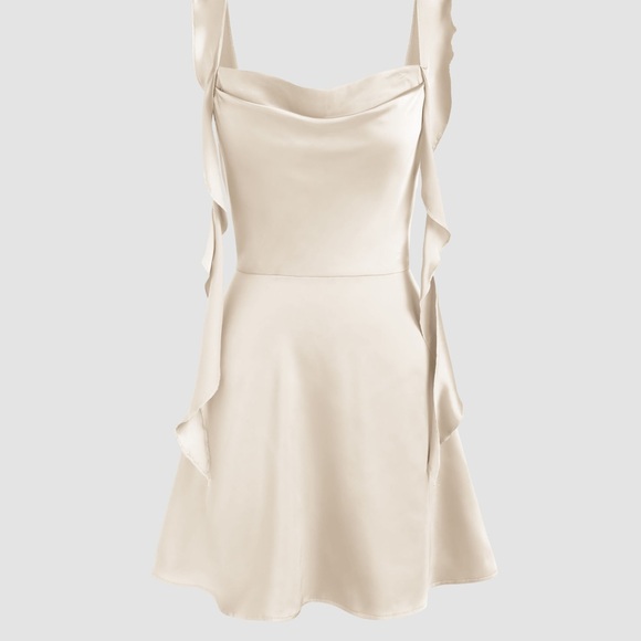 Satin Ruched Ruffle Hem Cream Mini Dress - Picture 7 of 9